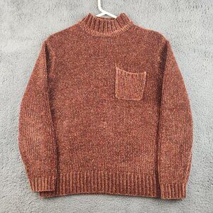 Chenille Vintage Mock Neck Sweater Women Medium Pullover Ribbed Rust Orange Cozy